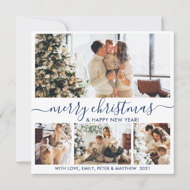 Elegant White and Navy 4 Photo Collage Christmas Holiday Card (Front)