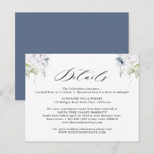 Elegant White and Navy Blue Floral Wedding Details Enclosure Card