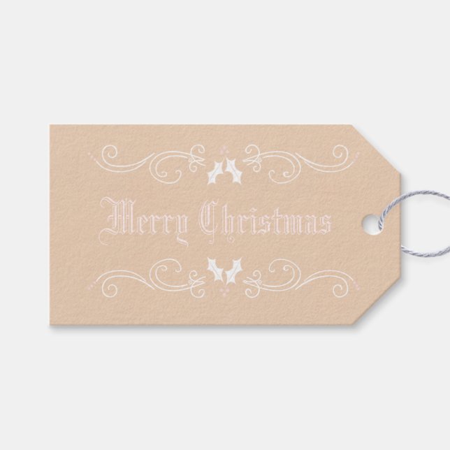 Elegant White and Pink Kraft Christmas Gift Tag (Front (Horizontal))