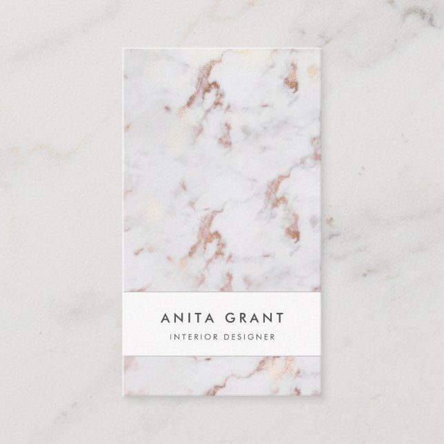 Elegant white and pink marble vertical business card (Front)