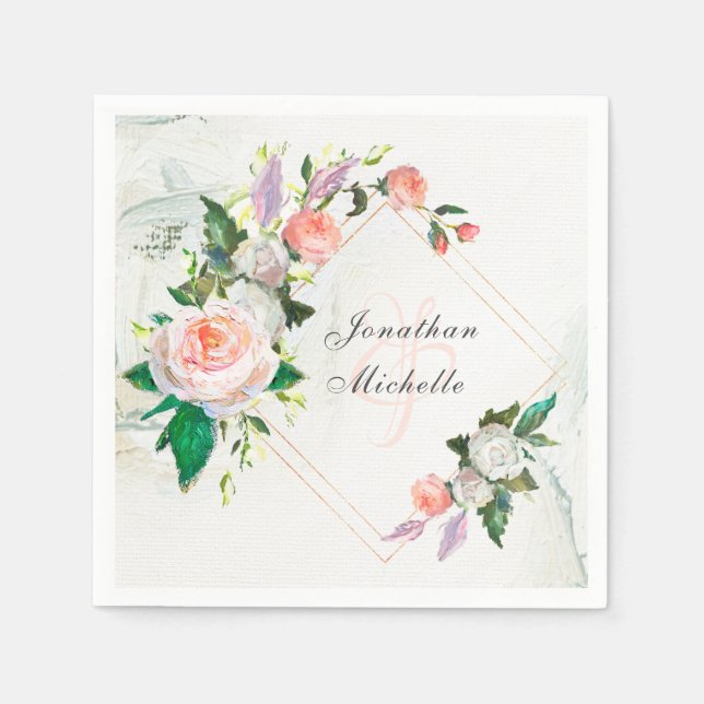 Elegant White and Pink Oil Paint Roses Wedding  Napkin (Front)