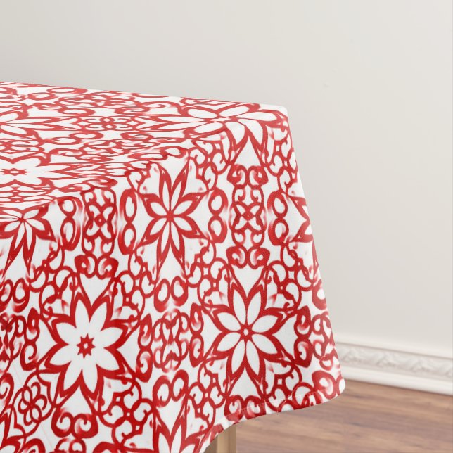 Elegant White And Red Winter Flowers Pattern Xmas Tablecloth (In Situ)