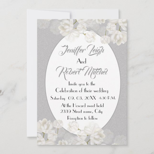 Elegant white and silver floral wedding invitation (Front)