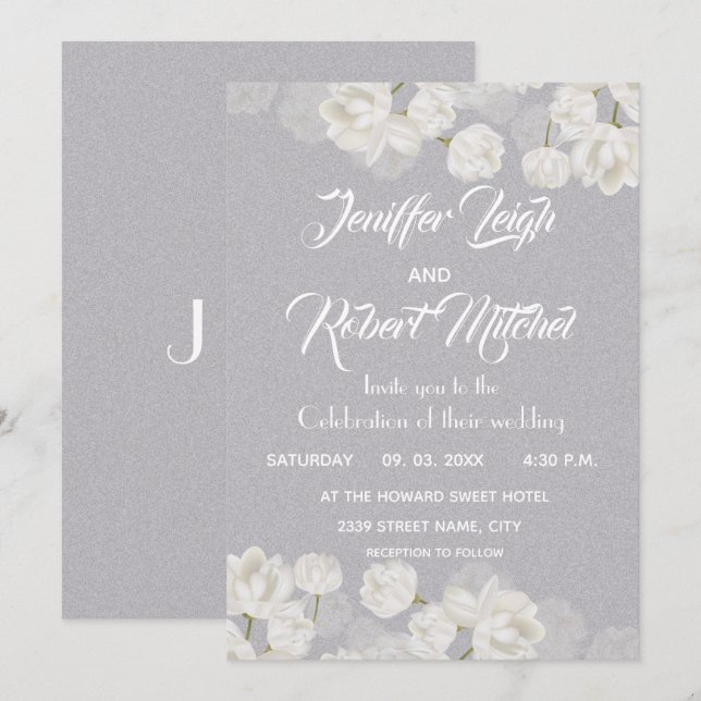 Elegant white and silver floral wedding invitation (Front/Back)