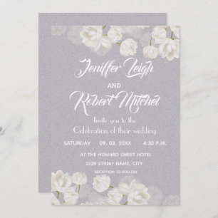 Elegant white and silver floral wedding invitation