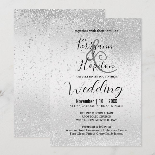 Elegant White and Silver Glitter Invitation (Front/Back)