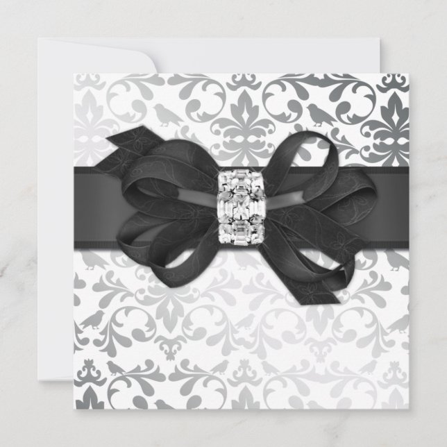Elegant White and Silver Invite with Diamond Bow (Front)