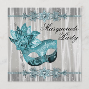 Elegant White and Teal Blue Masquerade Party Invitation