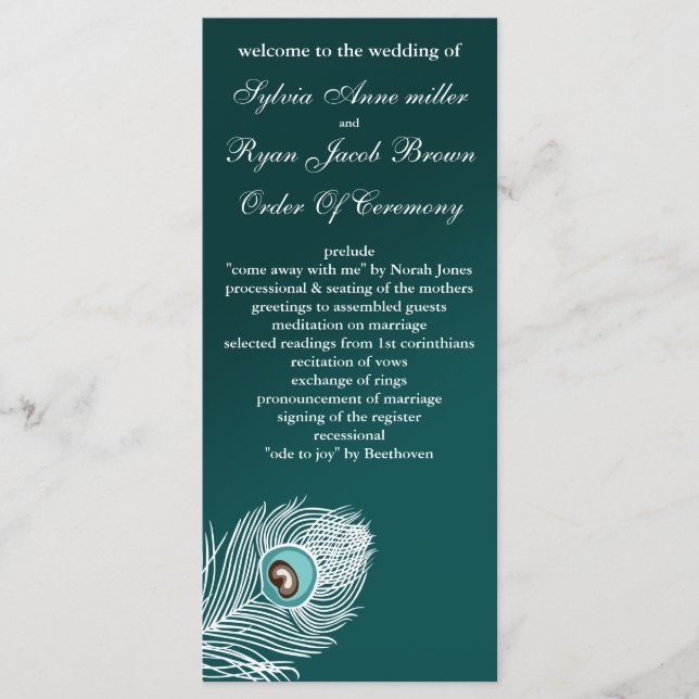 Elegant white and teal peacock programs (Front)