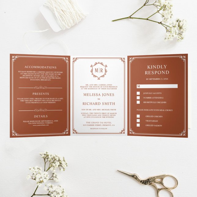 Elegant White and Terracotta Monogram Wedding Tri-Fold Invitation (Creator Uploaded)