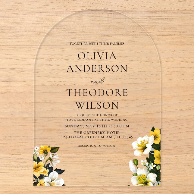 Elegant White and Yellow Floral Wedding Acrylic Invitations (Front)