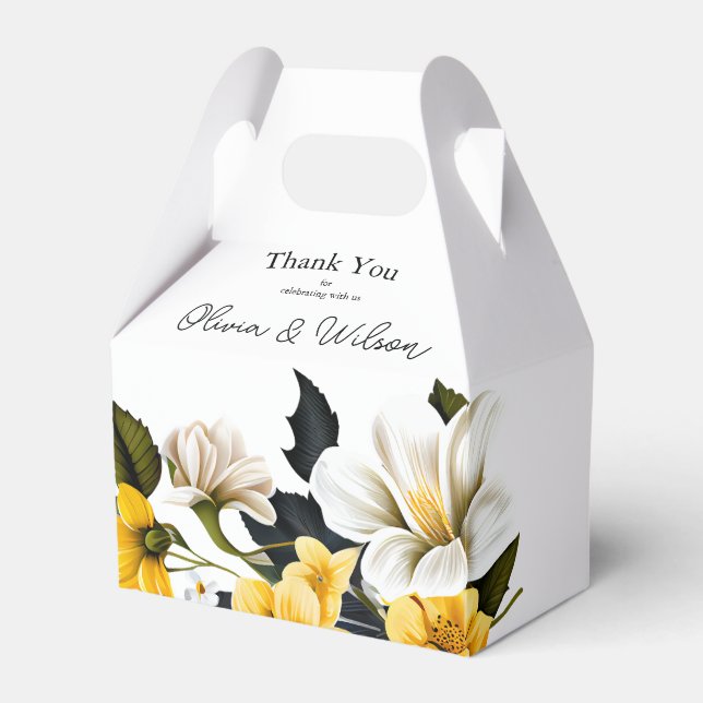 Elegant White and Yellow Floral Wedding Favor Box (Front Side)