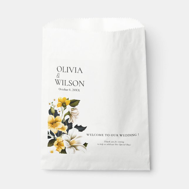 Elegant White and Yellow Floral Wedding Welcome Favour Bag (Front)