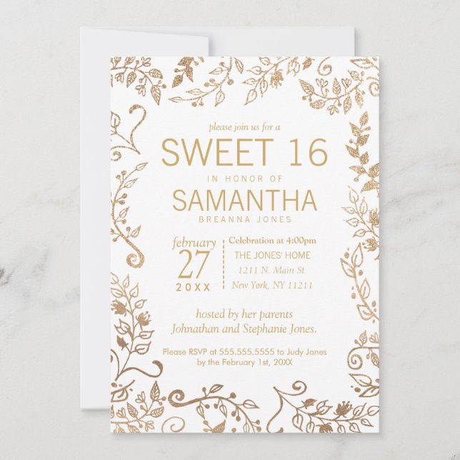 Elegant White and Yellow Gold Floral Sweet 16 Invitation (Front)