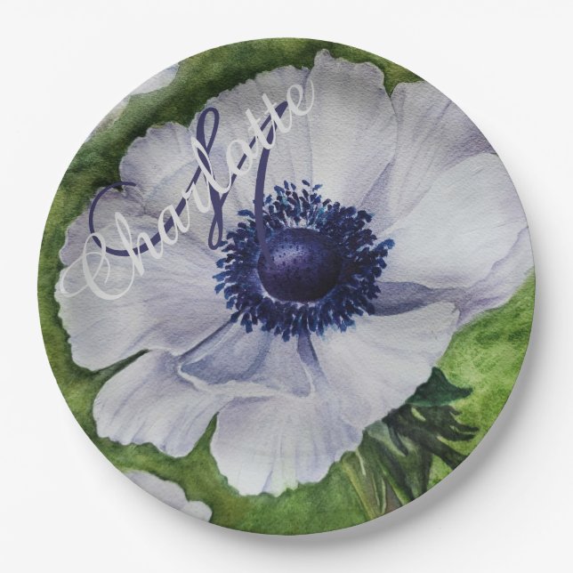 ELEGANT WHITE ANEMONE MONOGRAM PARTY PAPER PLATE (Front)
