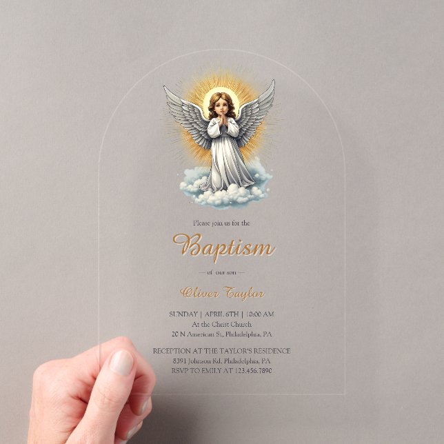 Elegant White Angel Religious Christian Baptism  Acrylic Invitations (Insitu (Handheld))