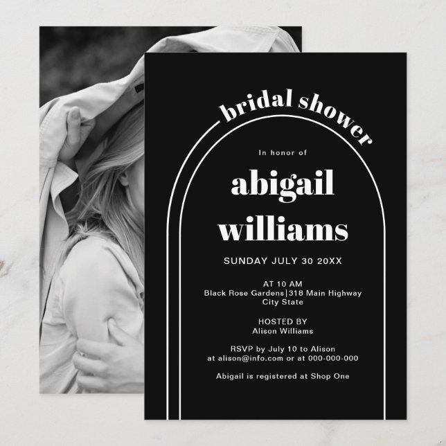 Elegant white arch black wedding bridal shower invitation (Front/Back)