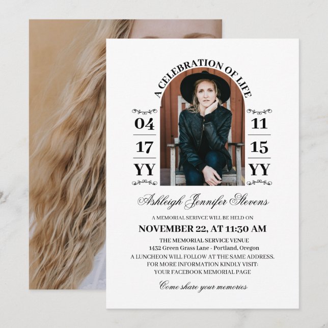 Elegant White Arch Photo A Celebration of Life Invitation (Front/Back)