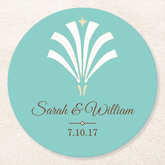 Elegant White Art Deco Palmetto | Personalized Round Paper Coaster (Front)