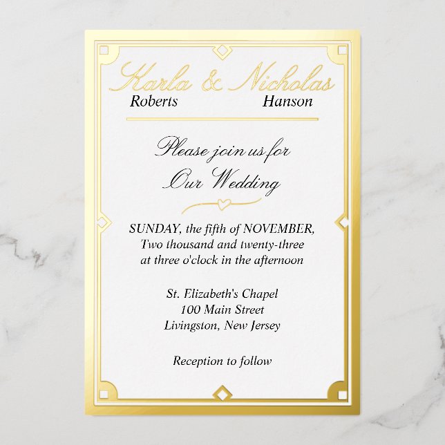 Elegant White Art Deco Wedding Foil Invitation (Front)
