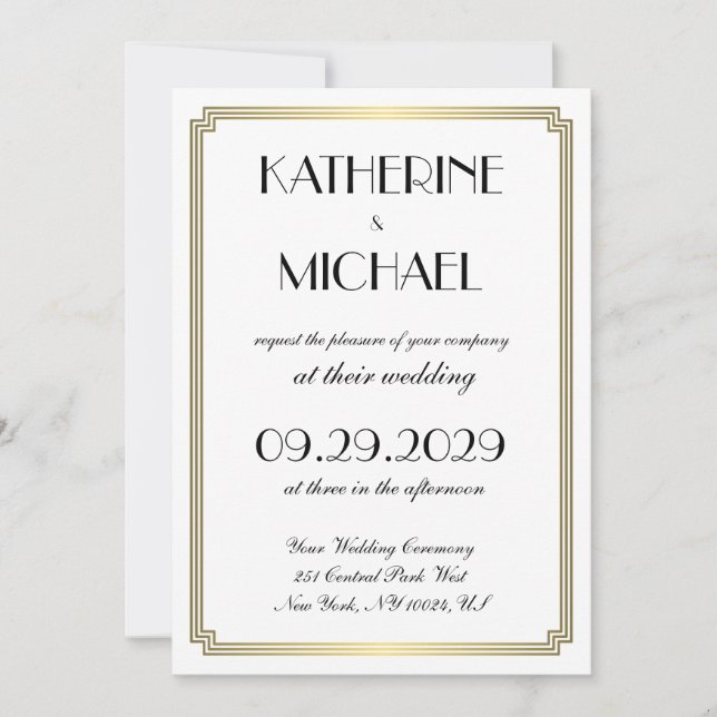 Elegant White Art Deco Wedding Invitations (Devant)