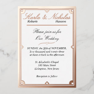 Elegant White Art Deco Wedding. Rose Gold Foil Inv