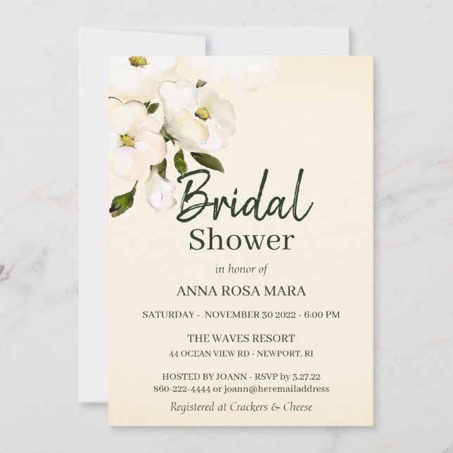 *~* Elegant White Beach Roses Yellow Bridal Shower Invitation (Front)