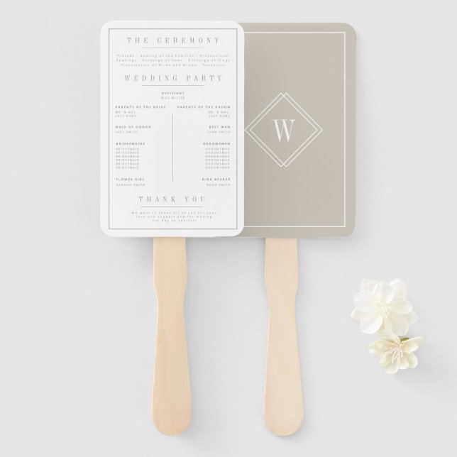 Elegant White/Beige Minimalist Wedding Program Hand Fan (Front and Back)