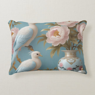 Elegant White Birds and Peonies on Golden Branches Accent Pillow