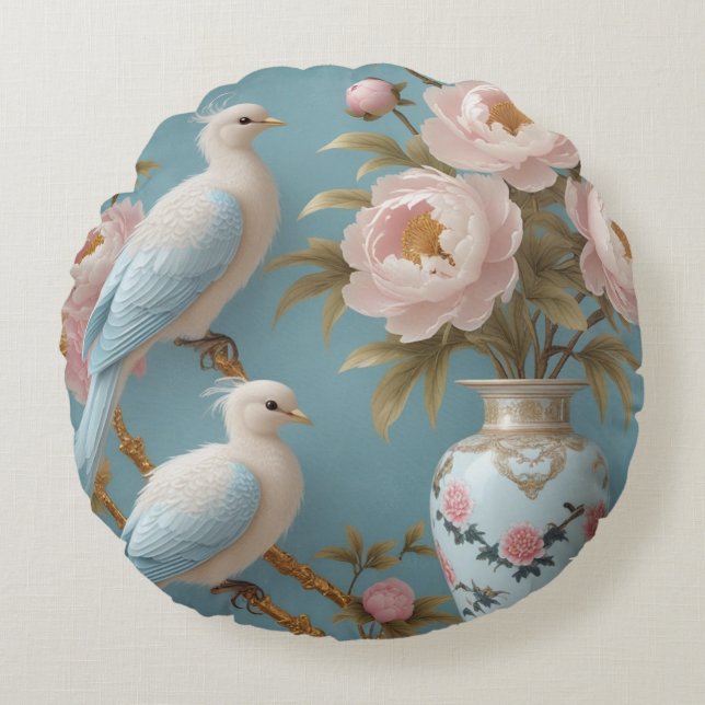 Elegant White Birds and Peonies on Golden Branches Round Pillow (Front)