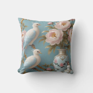 Elegant White Birds and Peonies on Golden Branches Throw Pillow