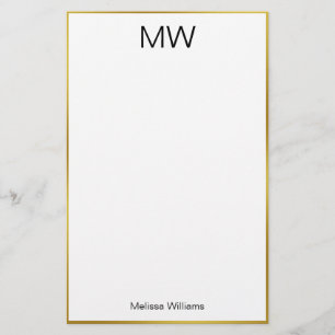 Elegant White Black and Gold Border Name Monogram Stationery
