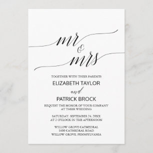 Elegant White Black Calligraphy "Mr & Mrs" Wedding Invitation