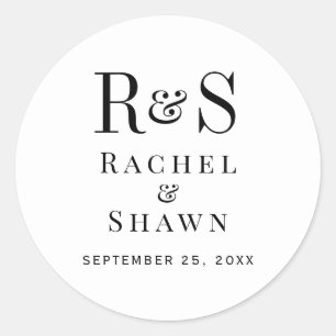 Elegant White & Black Chic Modern Monogram Wedding Classic Round Sticker