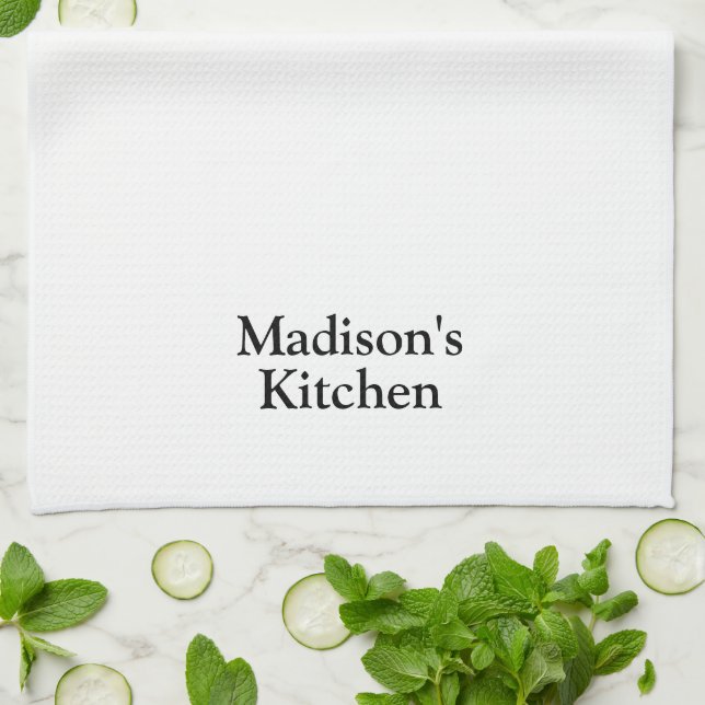 Elegant white black custom name text monogram kitchen towel (Folded)