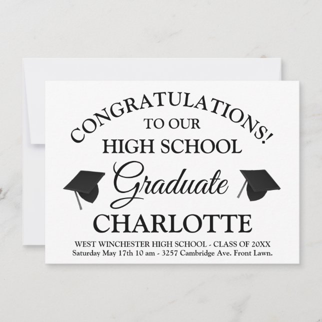 Elegant white black custom script text graduation invitation (Front)