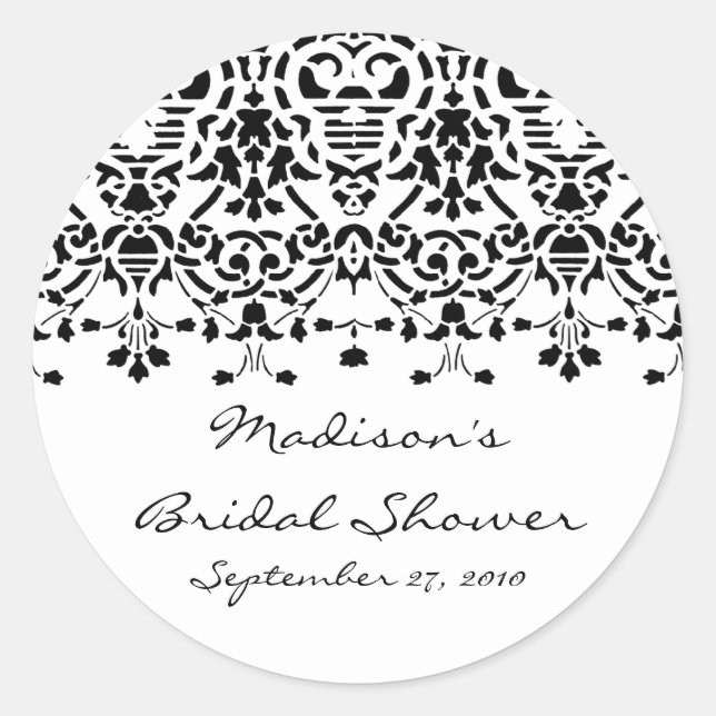 Elegant White & Black Damask Bridal Shower Sticker (Front)