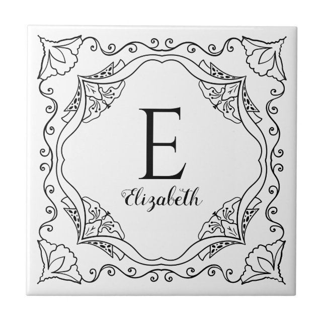 Elegant White Black Decorative Name Monogram Tile (Front)