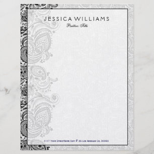 Elegant White & Black Floral Paisley Lace Letterhead