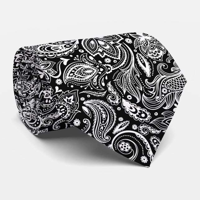 Elegant White & Black Floral Paisley Pattern Tie (Rolled)
