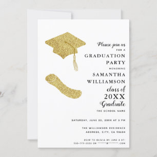 Elegant White Black Gold Grad Photo Graduation Invitation