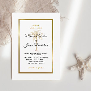 Elegant White Black Gold Palm Tree Modern Wedding Invitation