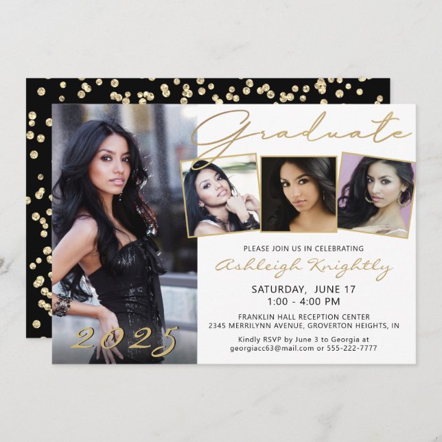 Elegant White Black Gold Script 4 Photo Graduate Invitation (Front/Back)