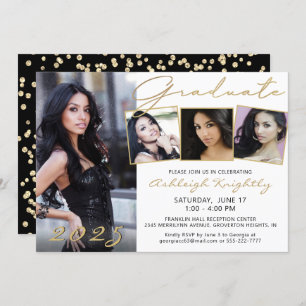 Elegant White Black Gold Script 4 Photo Graduate Invitation
