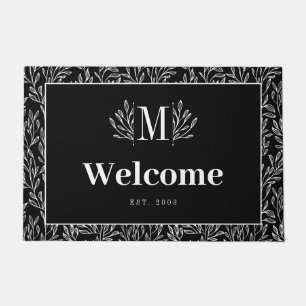 Elegant White Black Greenery Monogram Welcome Doormat