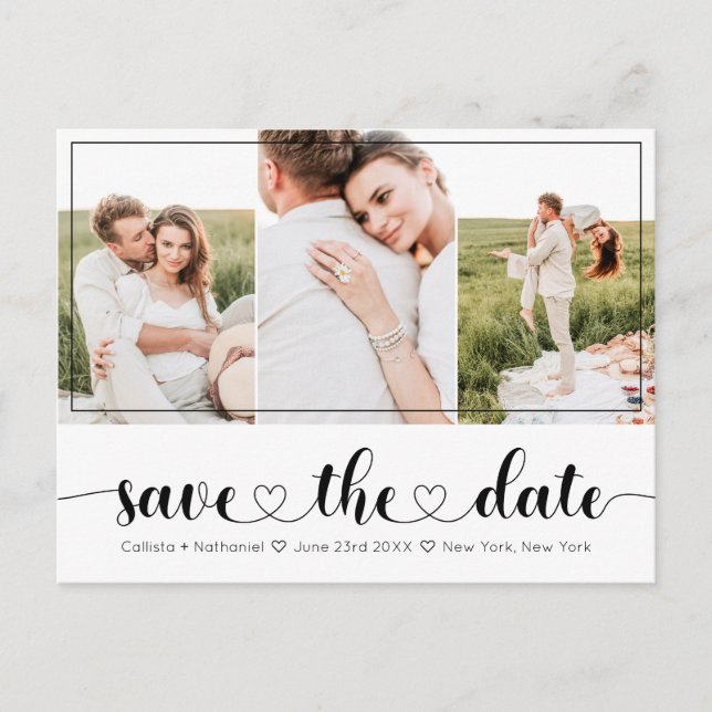 Elegant White Black Heart Typography Save the Date Announcement Postcard (Front)