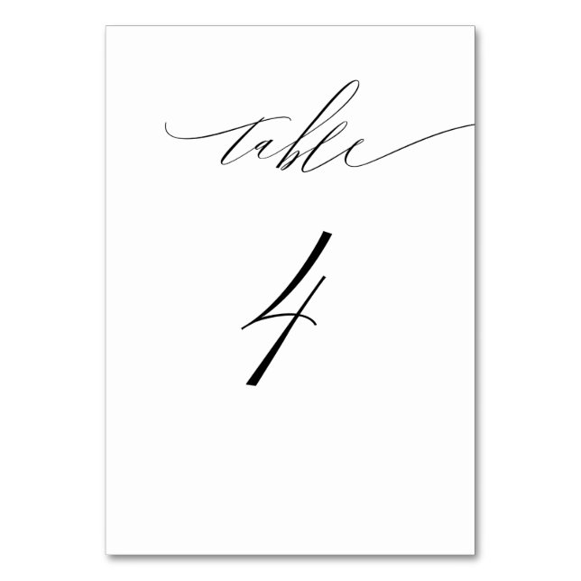 Elegant White Black Modern Script No 4 Wedding Table Number (Front)