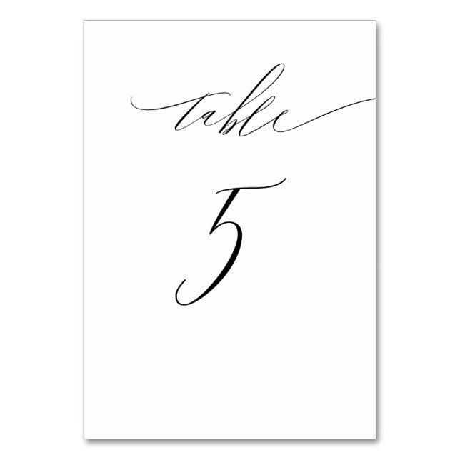Elegant White Black Modern Script No 5 Wedding Table Number (Front)