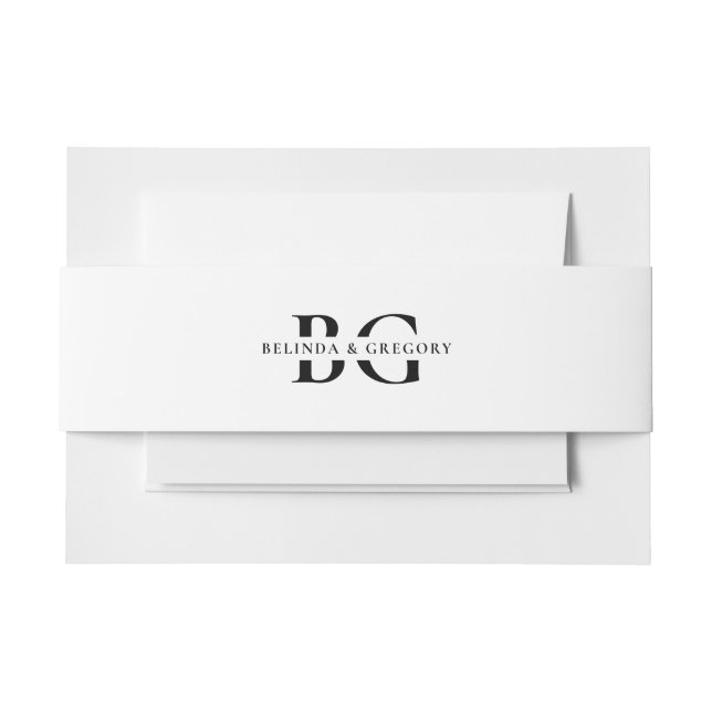 Elegant White & Black Monogram Initials Wedding Invitation Belly Band (Front Example)