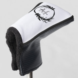 Elegant White & Black Monogram Name Wreath Golf Head Cover